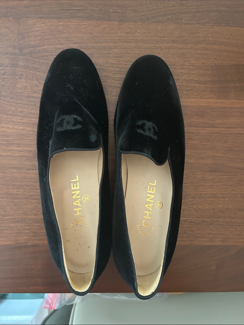 CHANEL Black Velvet Slip-On Loafers with CC Emblem